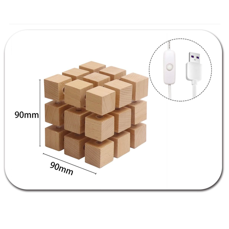Lampe Cube 3x3 en Bois – Éclairage LED USB