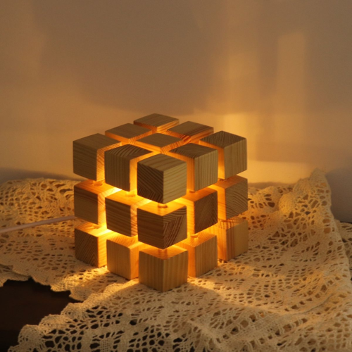 Lampe Cube 3x3 en Bois – Éclairage LED USB