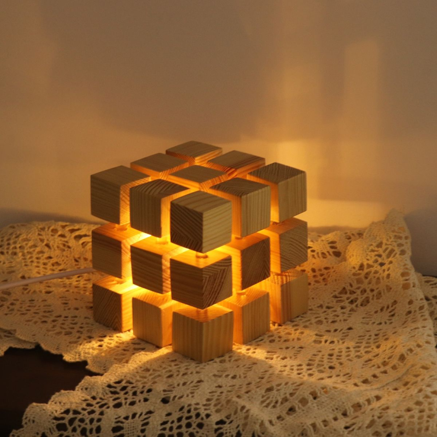 Lampe Cube 3x3 en Bois – Éclairage LED USB