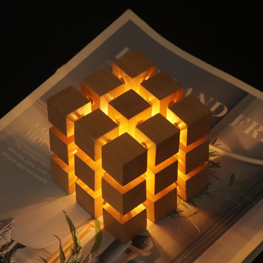 Lampe Cube 3x3 en Bois – Éclairage LED USB